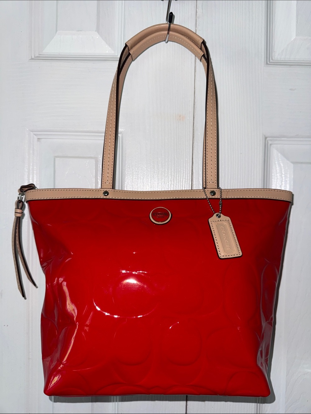 Coach Red Patent Tote with Tan Trim